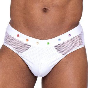 Rainbow Studded Fishnet and Vinyl Briefs - White